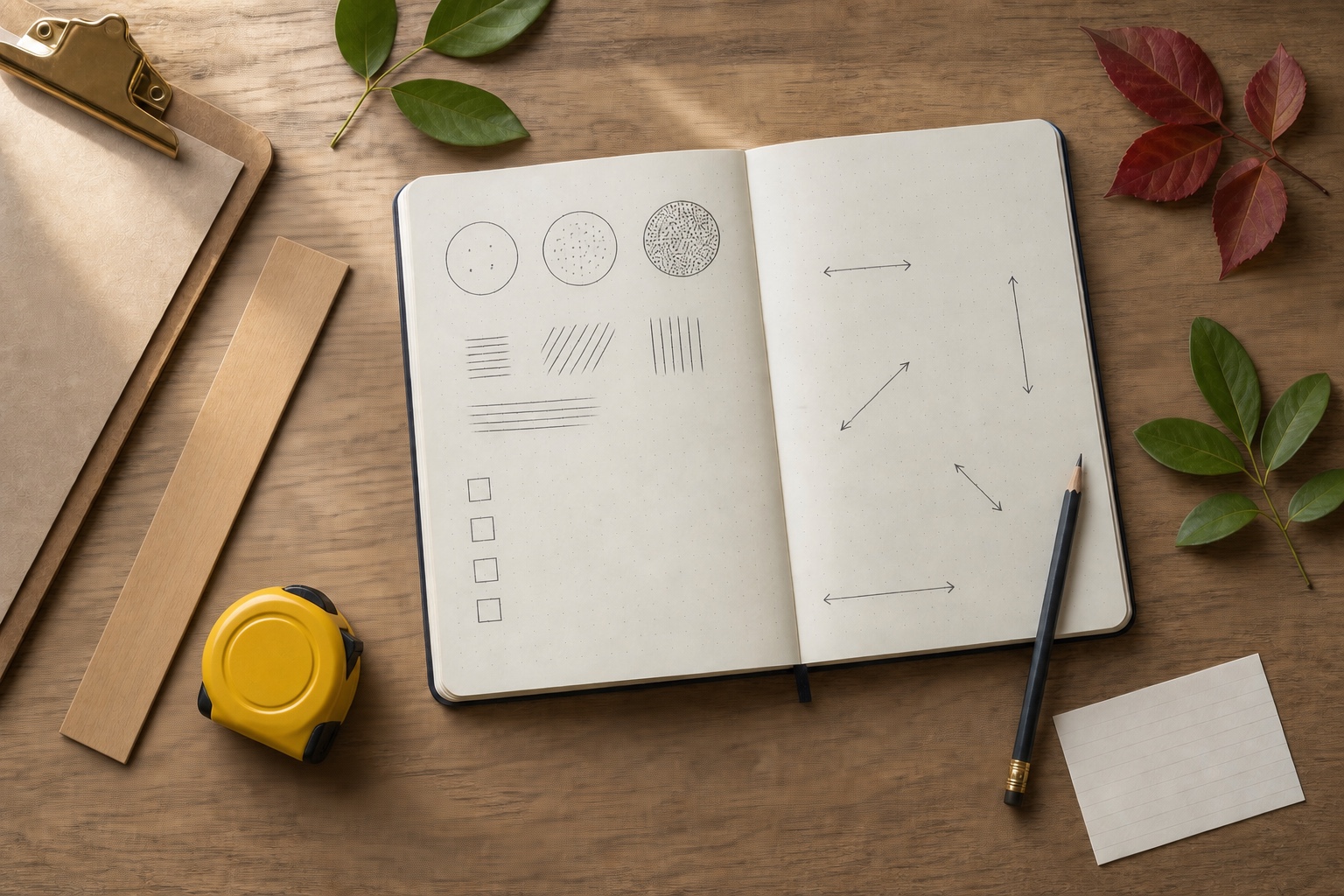 Generic notebook with abstract density symbols and measurement arrows beside a ruler and tape measure
